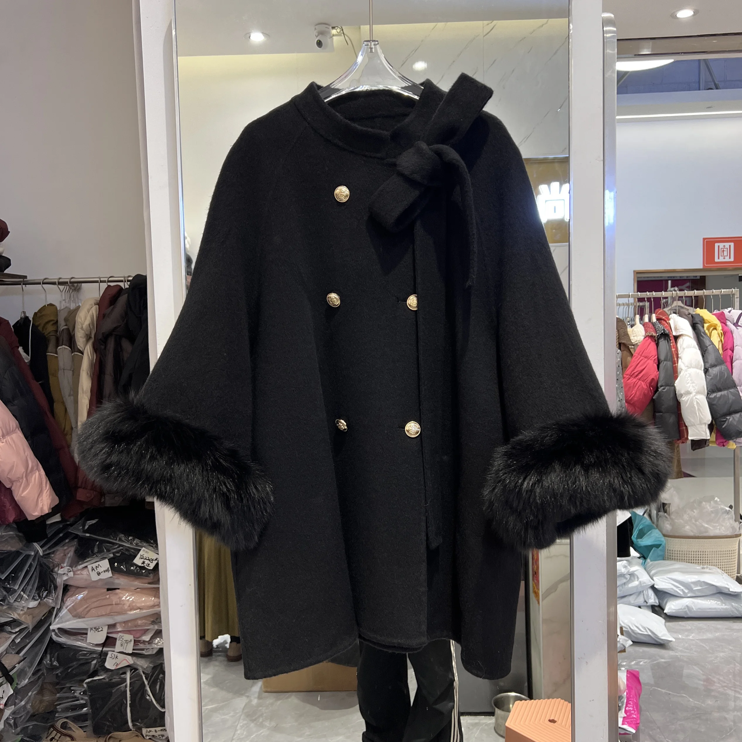 Осень-зима 2024 новая шерстяная накидка с большим меховым воротником пальто