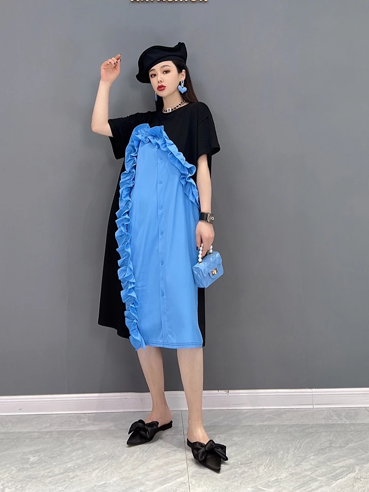 

SuperAen 2022 Spring New Fashion Casual O Neck T-shirt Ruffle Patchwork Straight Dresses for Women