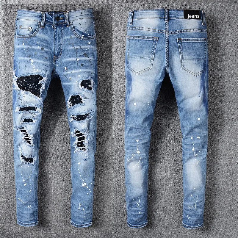 Mens Denim Pants Fashion Autumn and Winter New Solid Hole Diamond Patch Jeans for Men
