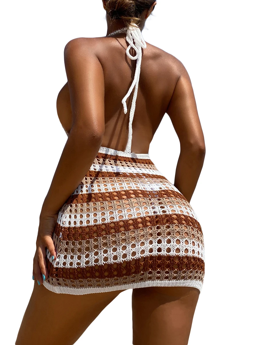 

Женское трикотажное бикини-накидка, Прозрачное мини-платье контрастных цветов в полоску с вырезом, лямкой на шее и защитой от солнца, Пляжное летнее платье