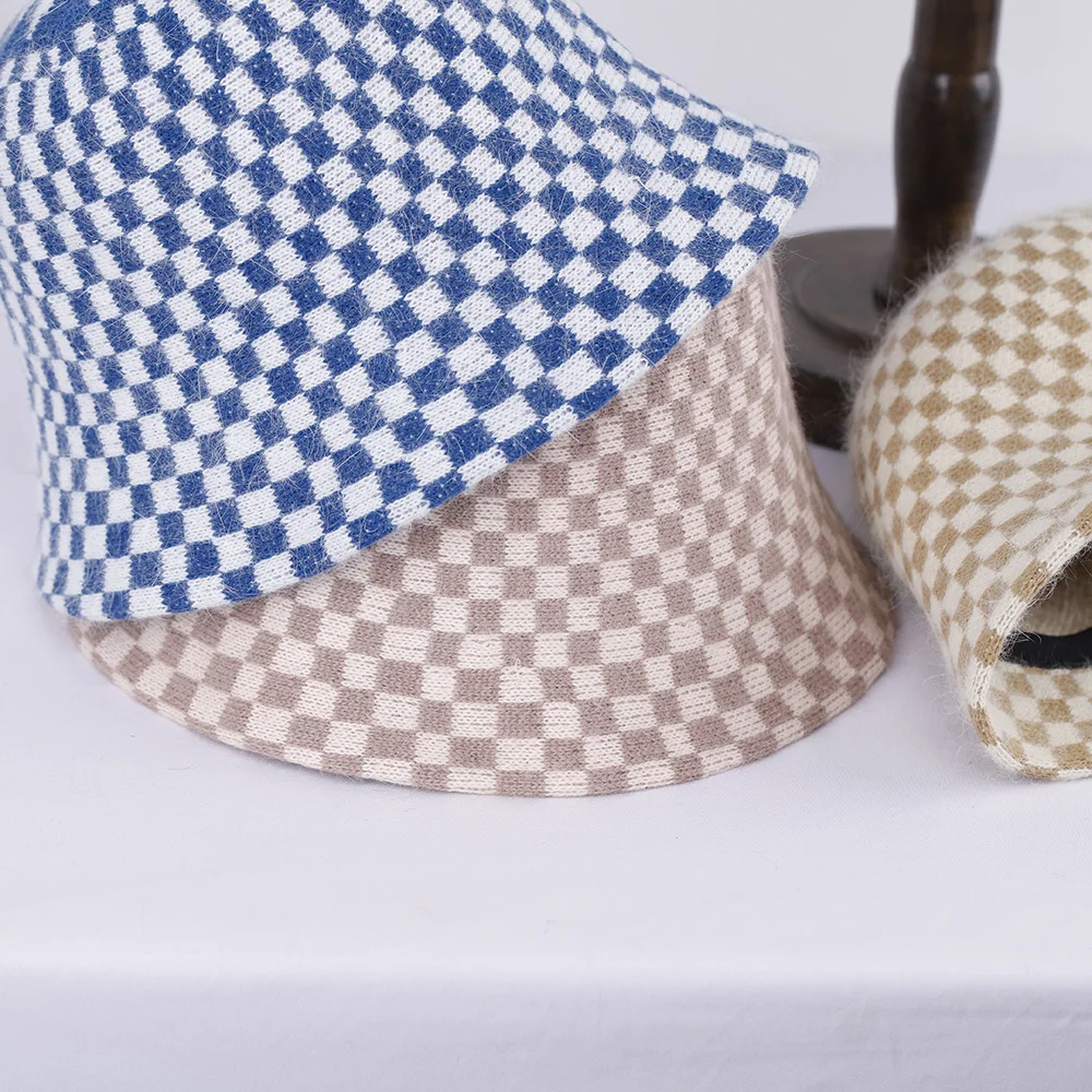 Женская панама из кроличьего меха винтажная Складная шапка в клетку Осень-зима