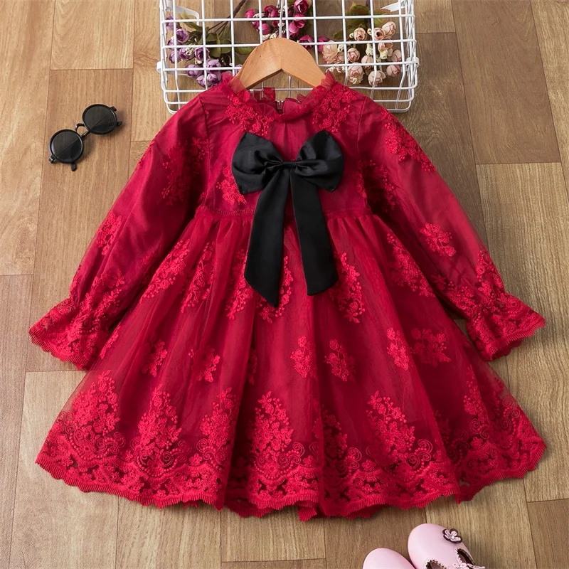 

Girls Christmas Dress Red Lace New Year Costume Formal Prom Party Frock Dresses for Girls Big Black Bow 3-8T Princess Costume
