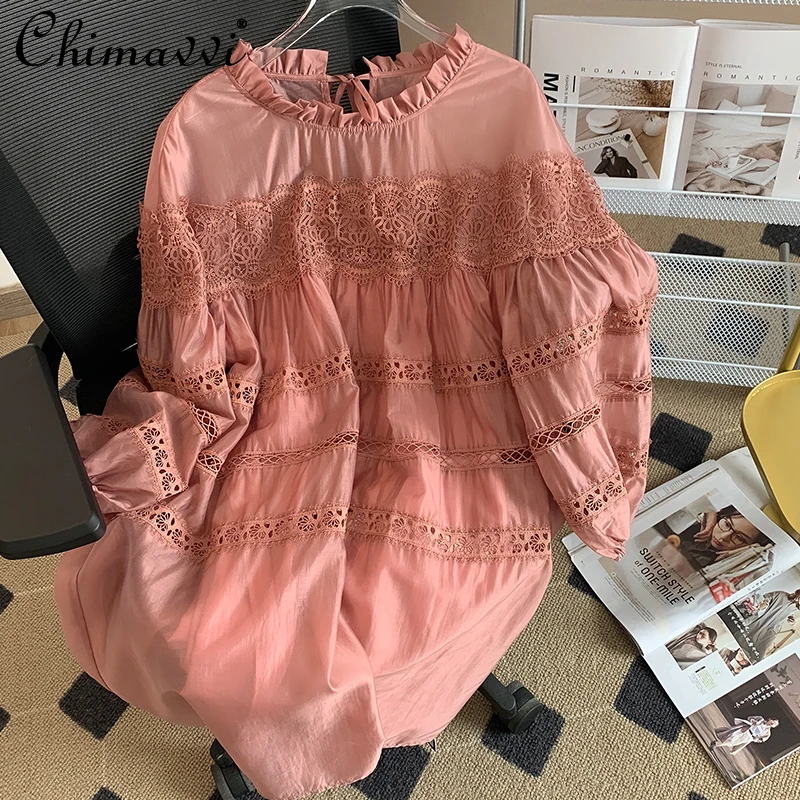 

Женское кружевное платье с рукавами-фонариками, элегантное свободное платье в милом стиле с круглым вырезом и вырезами, лето 2022