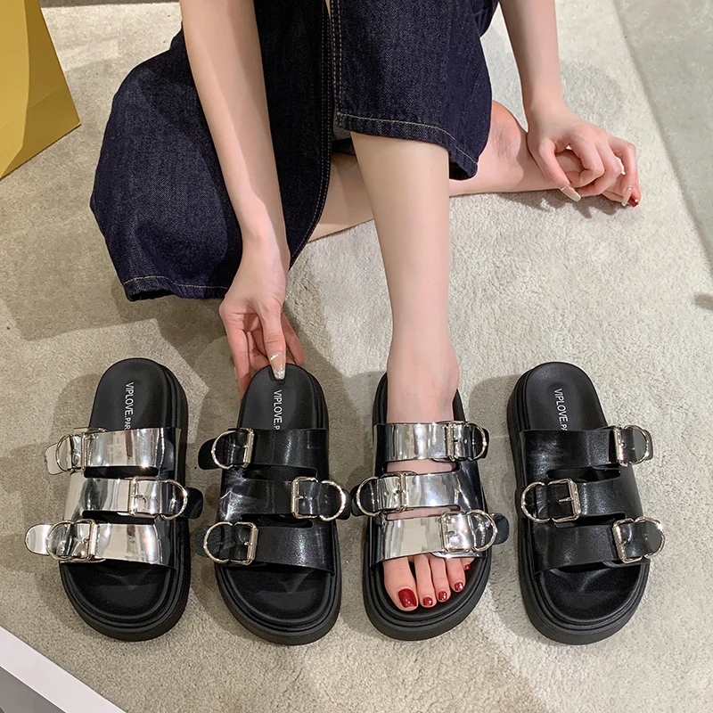 Women's Summer Chunky Slippers 2023 Fashion Thick-Bottom Sandals Flip Flops Wedges Buckle Slippers Platform Beach Slides Zapatos