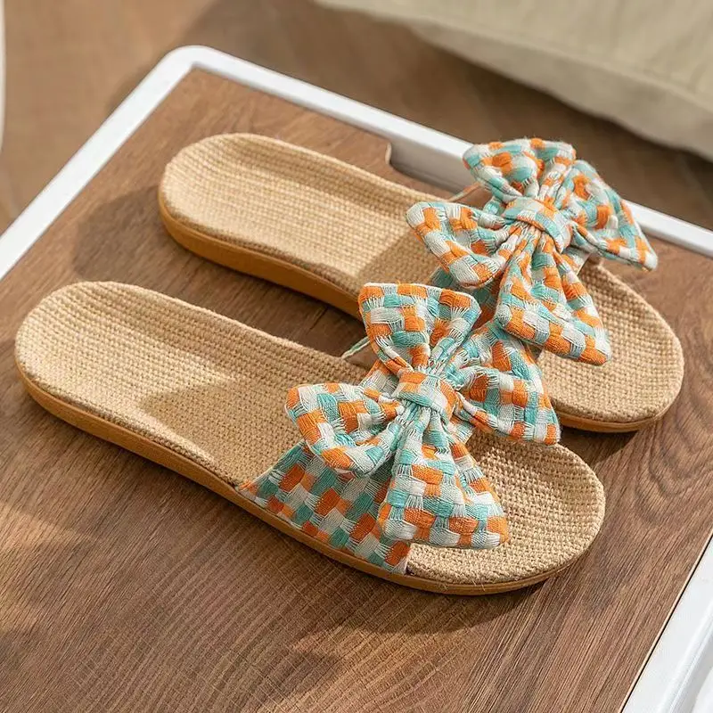 Женские домашние льняные тапки с бантом мягкая подошва Нескользящие без запаха