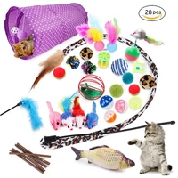 28pcs pet cat toy 2 tunnel fish mouse feathers funny toys cat puppy kitty chewing stick set
