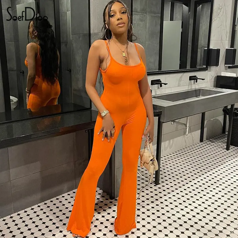 

Soefdioo Solid Spaghetti Strap Backless Flare Pants Jumpsuit 2023 Fashion Overalls Sexy Sporty One Piece Clothing Streetwear