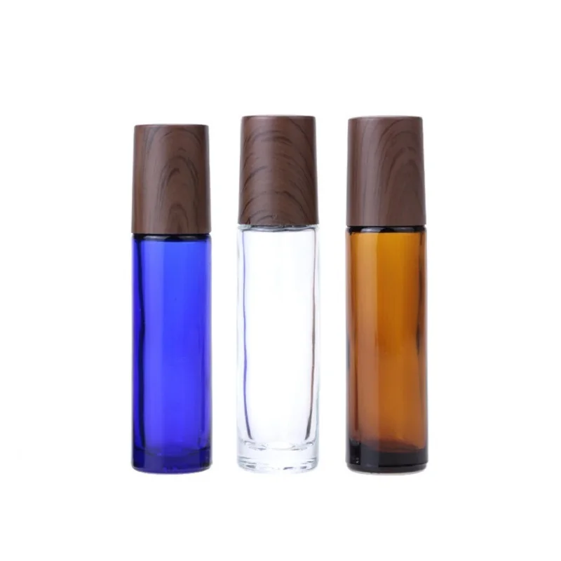

10ml Brown Glass Sample Filling Bottle Steel Roller Black False Wood Lid Clear Blue Empty Cosmetic Perfume Roll On Vials 100pcs