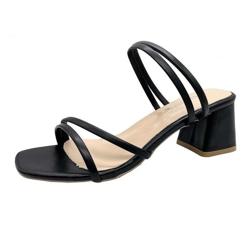 

Women Sandals Ladies Square Heels Elegant Summer Slippers Outside Cross Tied Leather Female Slides 2022 Fashion Woman Sandals 42