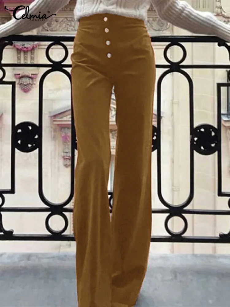 

2022 Fashion High Waist Buttons Pants Celmia Vintage Women Wide Leg Long Trouser Summer Casual Loose Flared Solid Color Pantalon