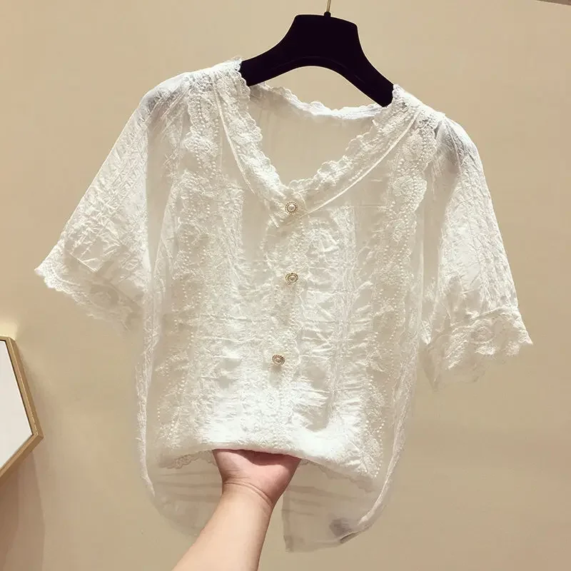 Рубашки женские с коротким рукавом кружевные однотонные v-образным вырезом