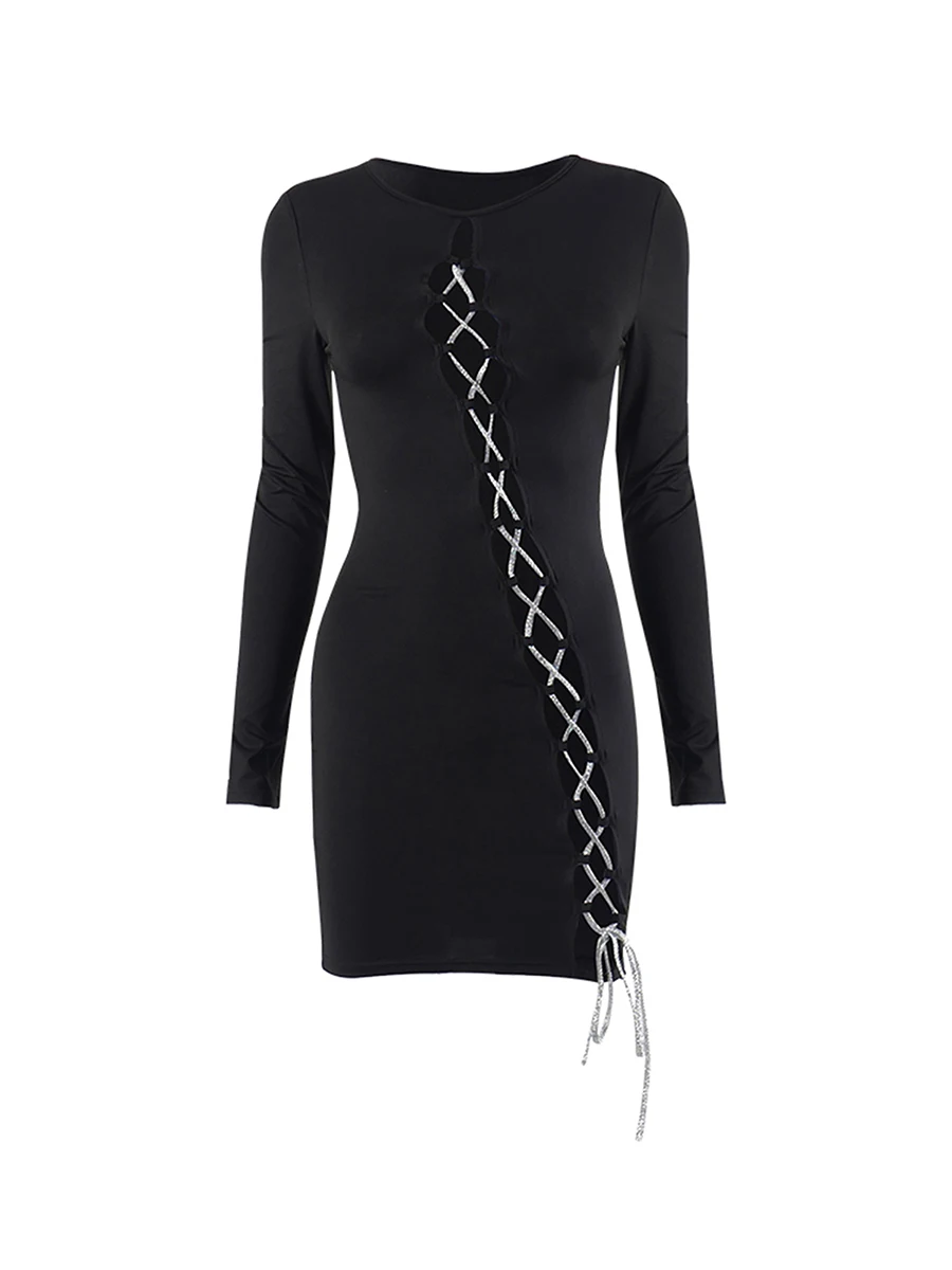 

Gloomia Women Sexy Cut Out Long Sleeve Mini Dress Cross Tie-Up Front Dress Slim Fit Cocktail Dress