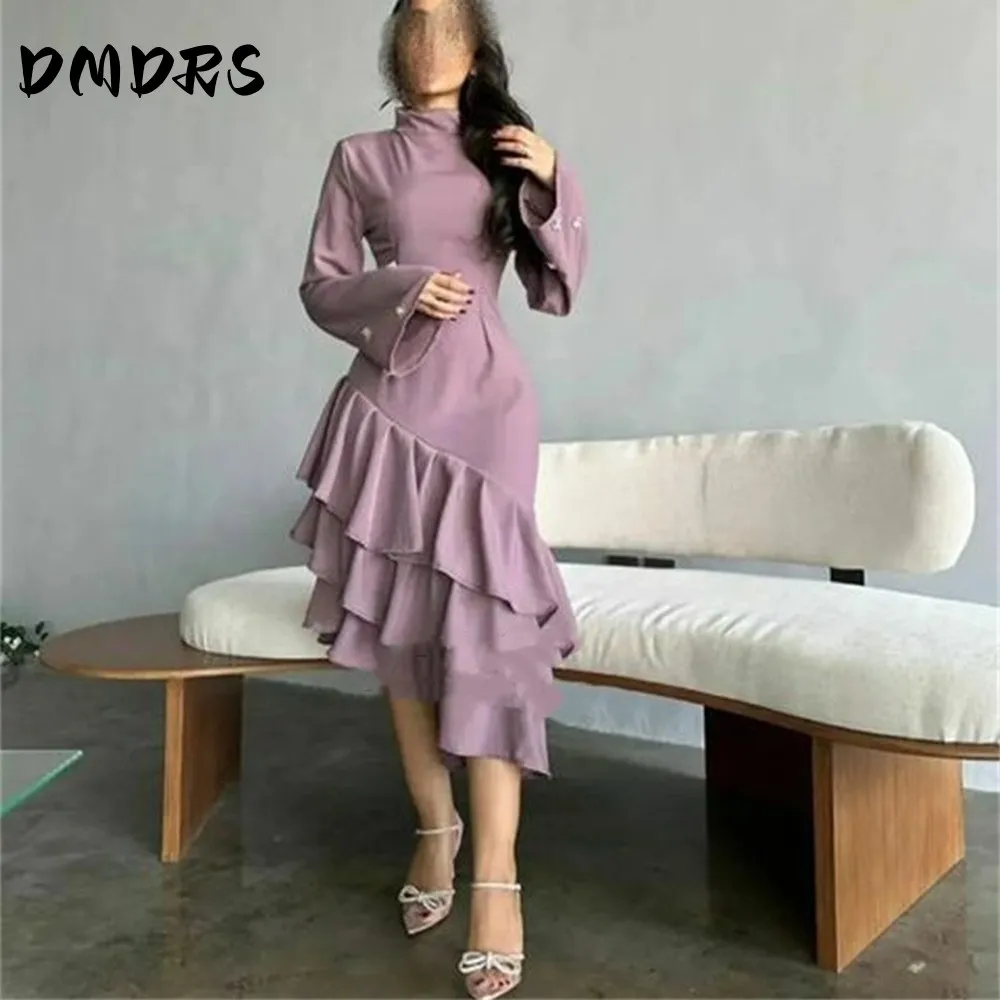 

Dusty Purple Tiered Evening Dress Long Sleeves High Neck Vintage Saudi Arabia Party Dresses Dresses For Women