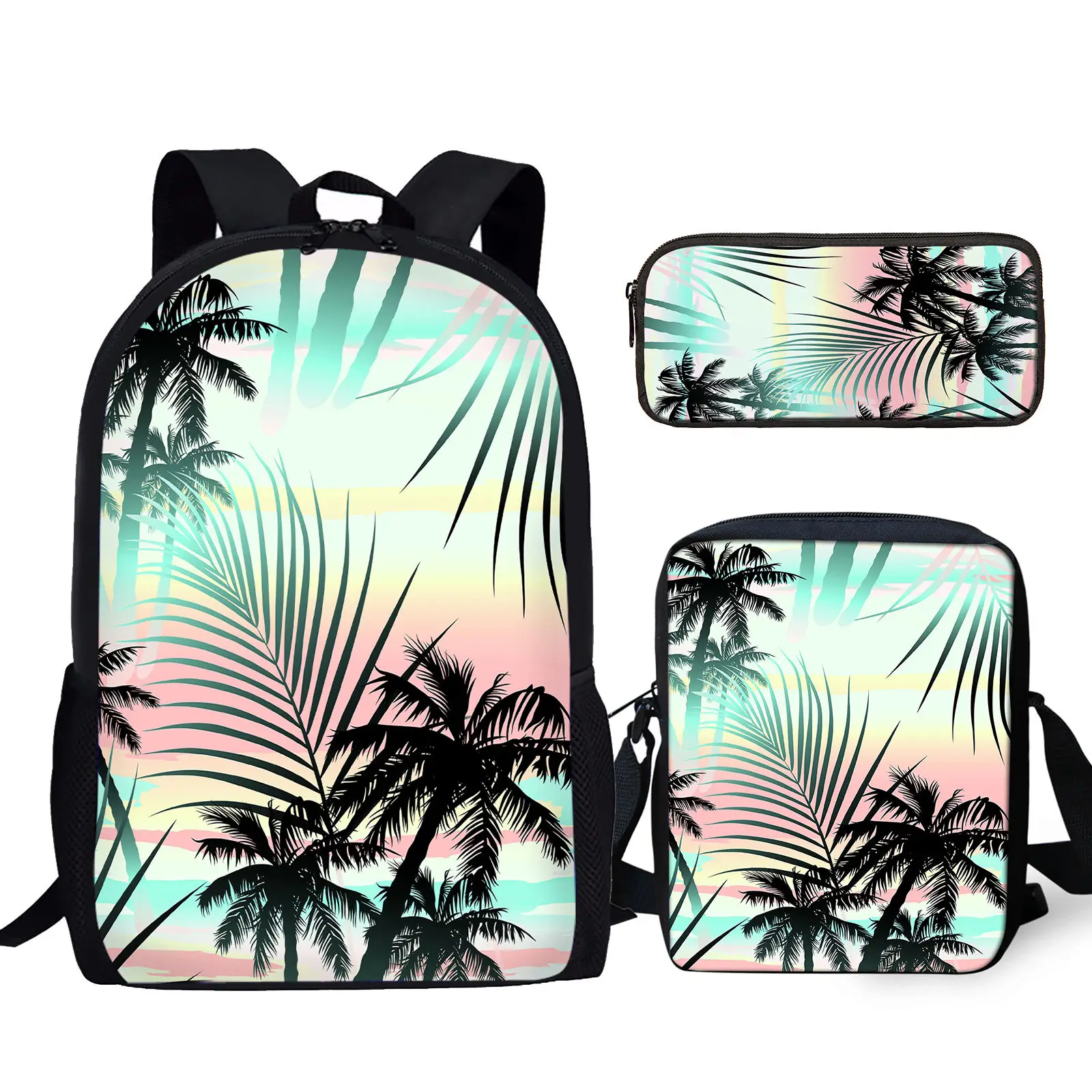 

YIKELUO Gradient Hawaiian Beach Coconut Tree Print Youth Backpack Messenger Bag With Zipper Student Pencil Case Casual Mochilas