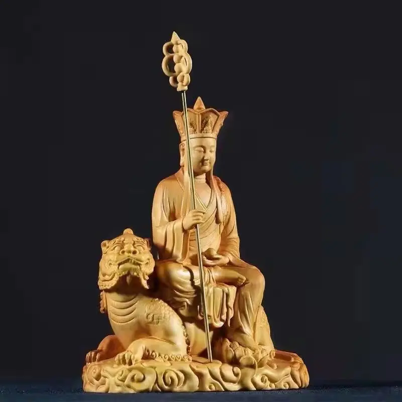 

Feng Shui Wooden Statue of Earth Store Bodhisattva Riding A Beast Hand-carved In Solid Wood Home Living Room Statue