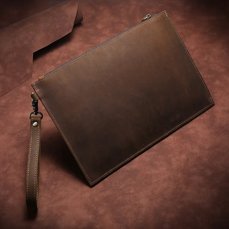 

Quality Men Leather Capacity Large Handbag For Top Bag Clutch Horse Men Document Wristband Wallets Ipad For Business Crazy Bag