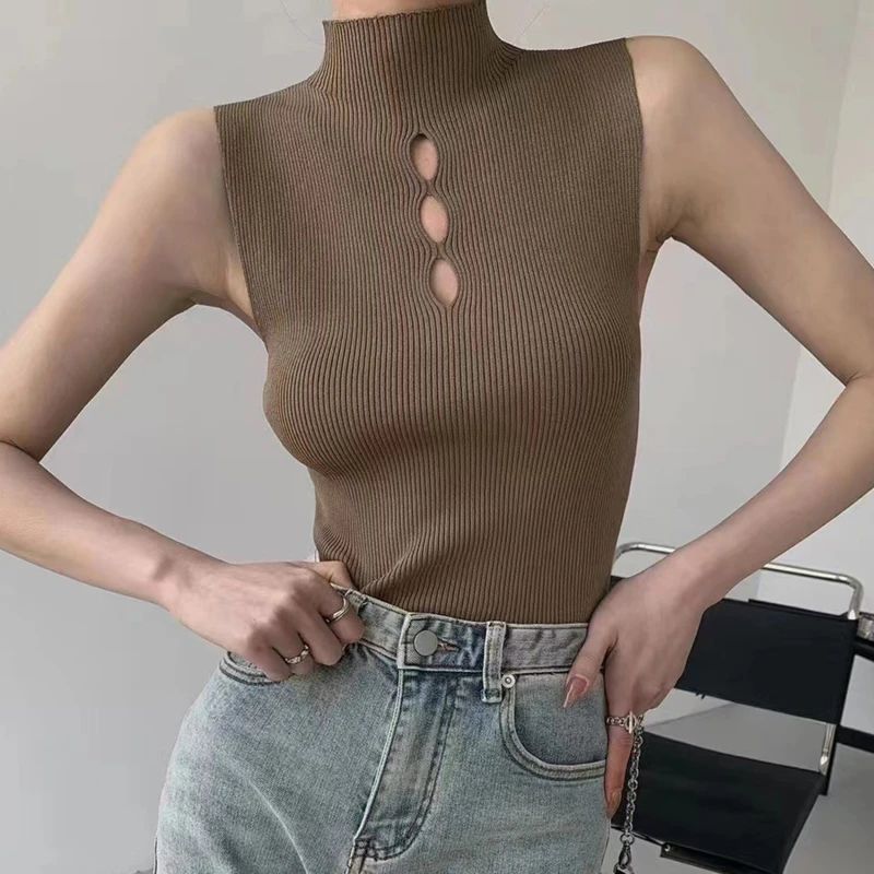

Solid Slim Thin Sleeveless Knit Sweater 2023 Autumn Winter New Half High Neck Shirt for Women Elegant Casual Hollow Out Blouse