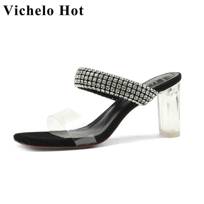 

Vichelo Hot 2022 Summer New Pvc Crystal High Heel Mules Rhinestone Decoration Beauty Lady Dating Slip on Sexy Women Sandals L71