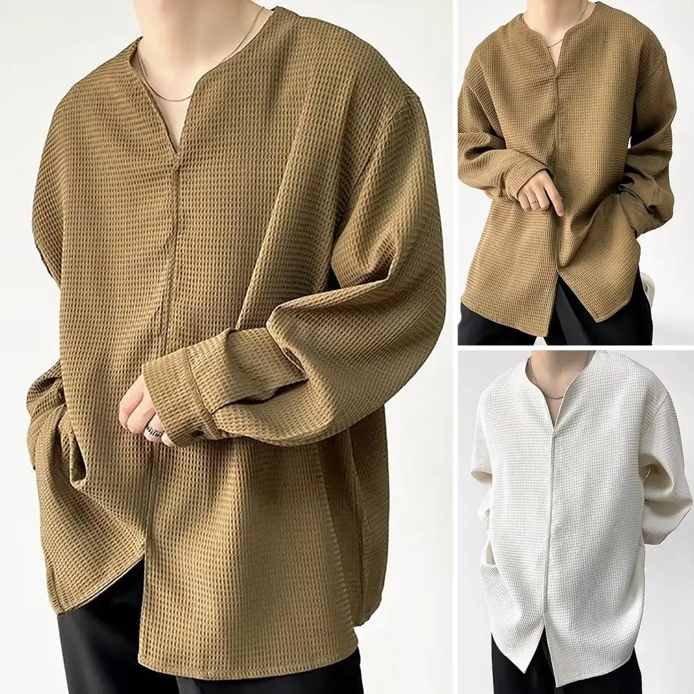 

2022 Men Casual T Shirt Solid Color V Neck Long Sleeve Cozy Leisure Tee Tops Streetwear Vintage Camiseta Masculina