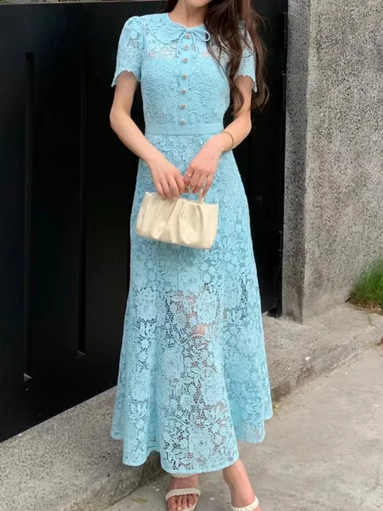 

Женское платье с коротким рукавом SMTHMA, голубое кружевное платье с длинным рукавом, лето 2019