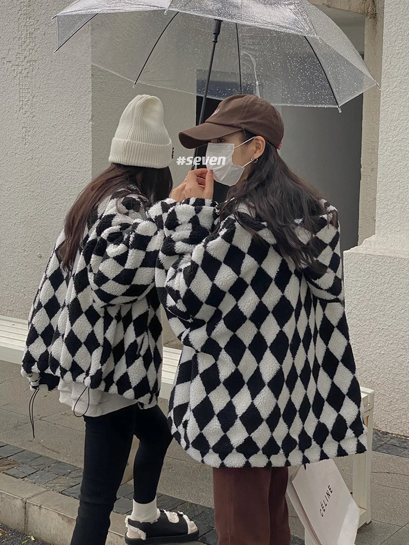 Lamb Cashmere High Collar Rhombic Color Matching Zipper Cotton Padded Coat Female Jacket Women Long Sleeve Tops Hoodies 858H