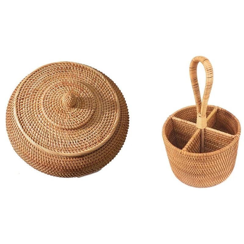 

Hand-Woven Rattan Storage Basket Round Four Compartment With Rattan Boxes Lid Hand-Woven Multi-Purpose Wicker Tray