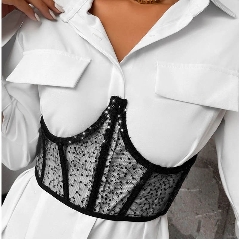 

Embroidery Women's Lace Wide Belt Mesh Fitted Waist 2022 Accessory Asymmetric Bandage Striped Corset Vintage Streetwear