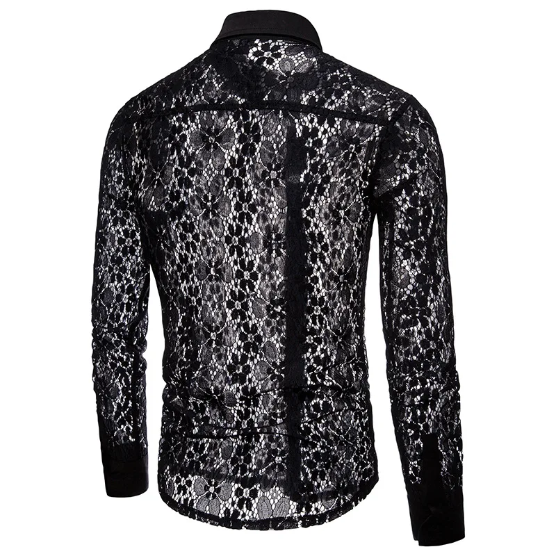 Men's Shirt 2022 New Spring Summer Lace Long Sleeve Lapel Male Thin Top Sexy Openwork Pattern Black White b23