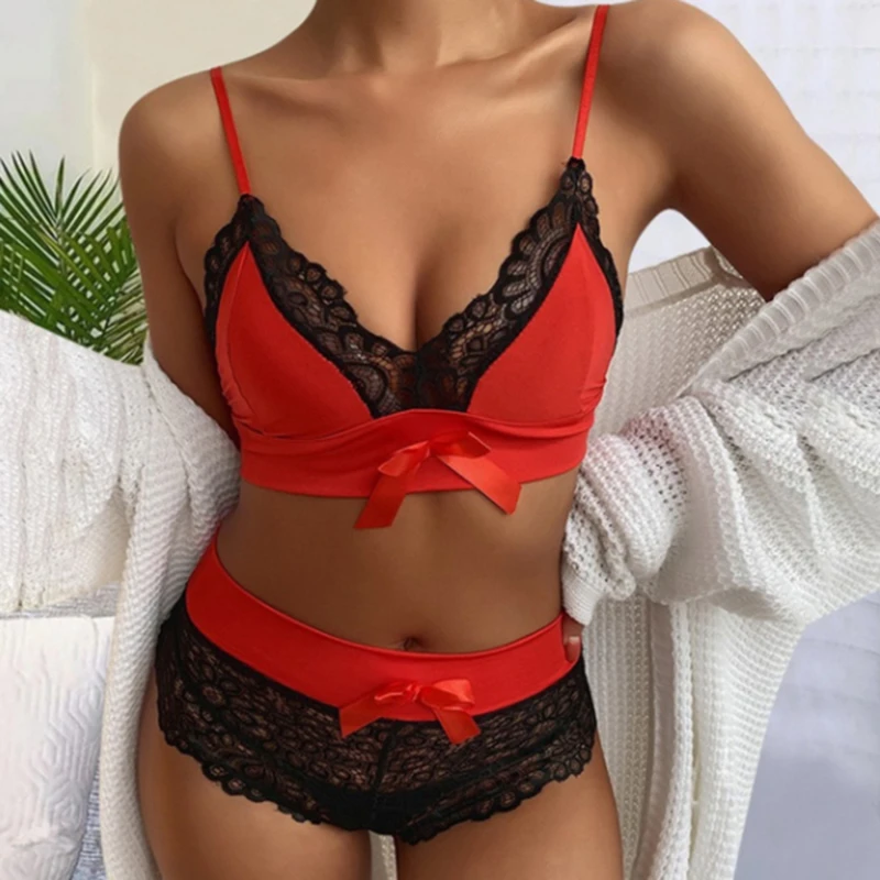 

Hot Sell Quality Seamless Lingerie Set Women Lace Bowknot Push Up Bra And Panty Set Sexy V Neck Erotic Underwear Brief Sets
