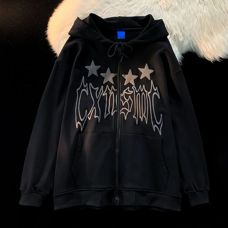 

Женская толстовка с капюшоном Goth вышивка в стиле Хай-стрит Харадзюку Ретро хип-хоп толстовка на молнии Свободный Мужской свитшот худи одежда Y2K Толстовка