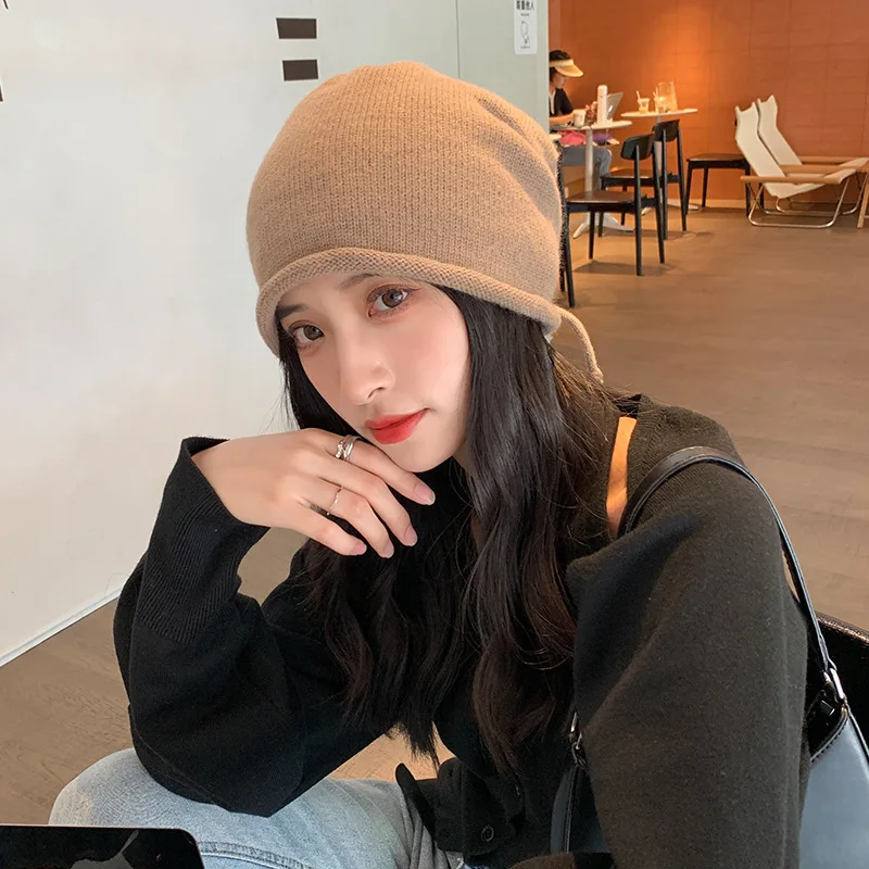 Однотонные шапочки на шнурке для женщин и девочек осенне-зимняя теплая мягкая