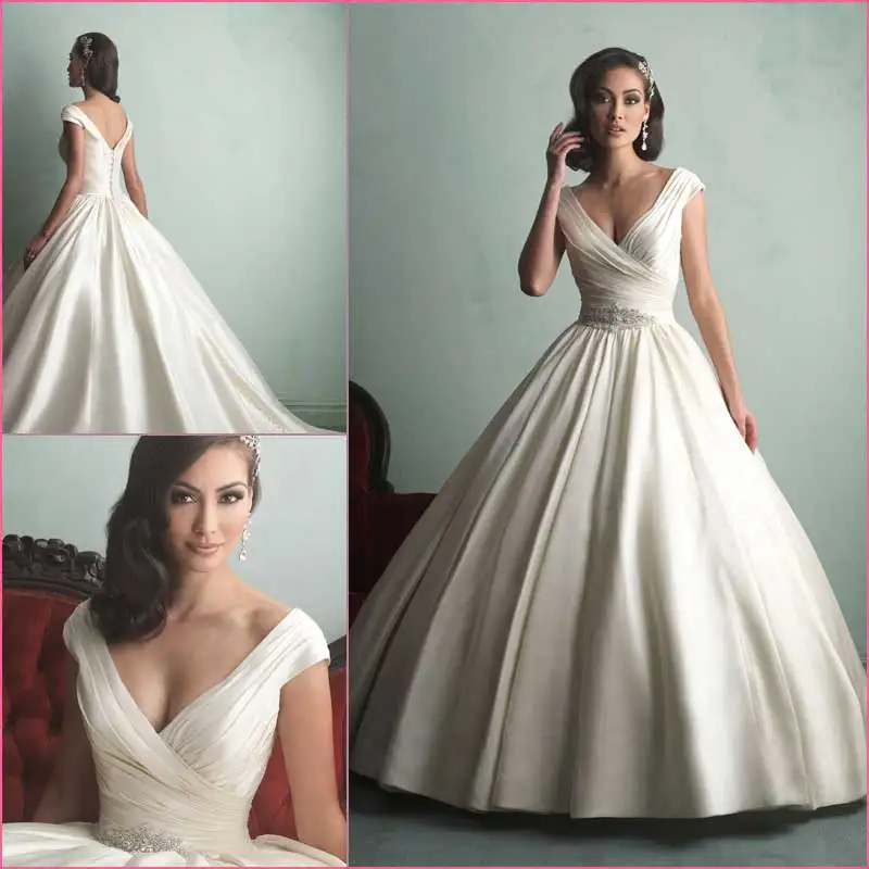 

Sexy v-neck cap sleeve vintage Wedding Dress ball gown bride dresses 2015 vestido de noiva casamento button crystal sashes pleat