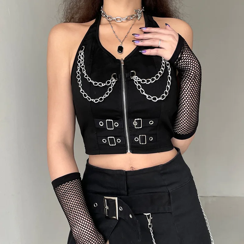 

Sunny y.j. Black Mysterious High Street Trend Girl Youth Cool Top Personality Metal Chain Sexy Backless Halter Neck Short Vest