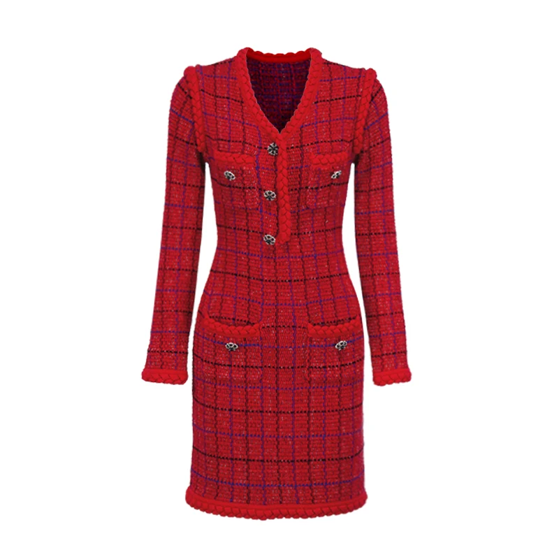 

Dresses For Women 2023 Runway Luxury Delicacy French Style Lady Cloth V-neckline Long Sleeve Knit Tweed Bodycon Mini Dress Red