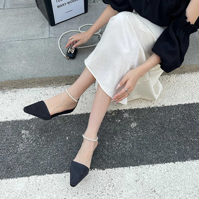 New Summer Women Pearl Ankle Strap High Heel  Shoes  Female Footwear Single shoes Women Pointed Toe Wedding Party Shoes 6A