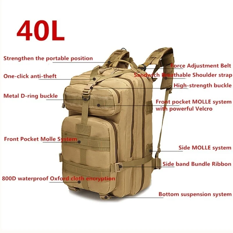 30L/40L Outdoor Military Rucksacks Tactical Backpack Sports Camping Hiking Trekking Fishing Hunting Bag 6