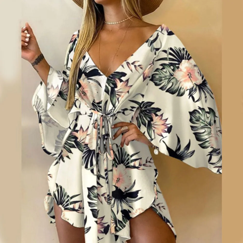 

Summer Sexy V-Neck Women Mini Dress Casual Leaf Print Harajuku Batwing Sleeve Dress Lady Elegant Lace-Up Irregular Dresses New