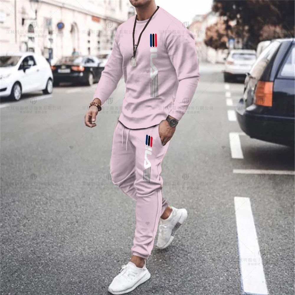Summer Long Sleeve T-Shirt Set Men's Sportswear Stretch Sports Round Neck Large Size Fashion Printed Fitness Trousers