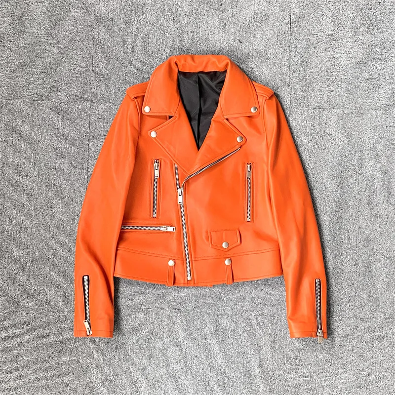 2022 Women New Trend Asymmetrical Zipper Slim Genuine Sheepskin Leather Locomotive Jacket E11