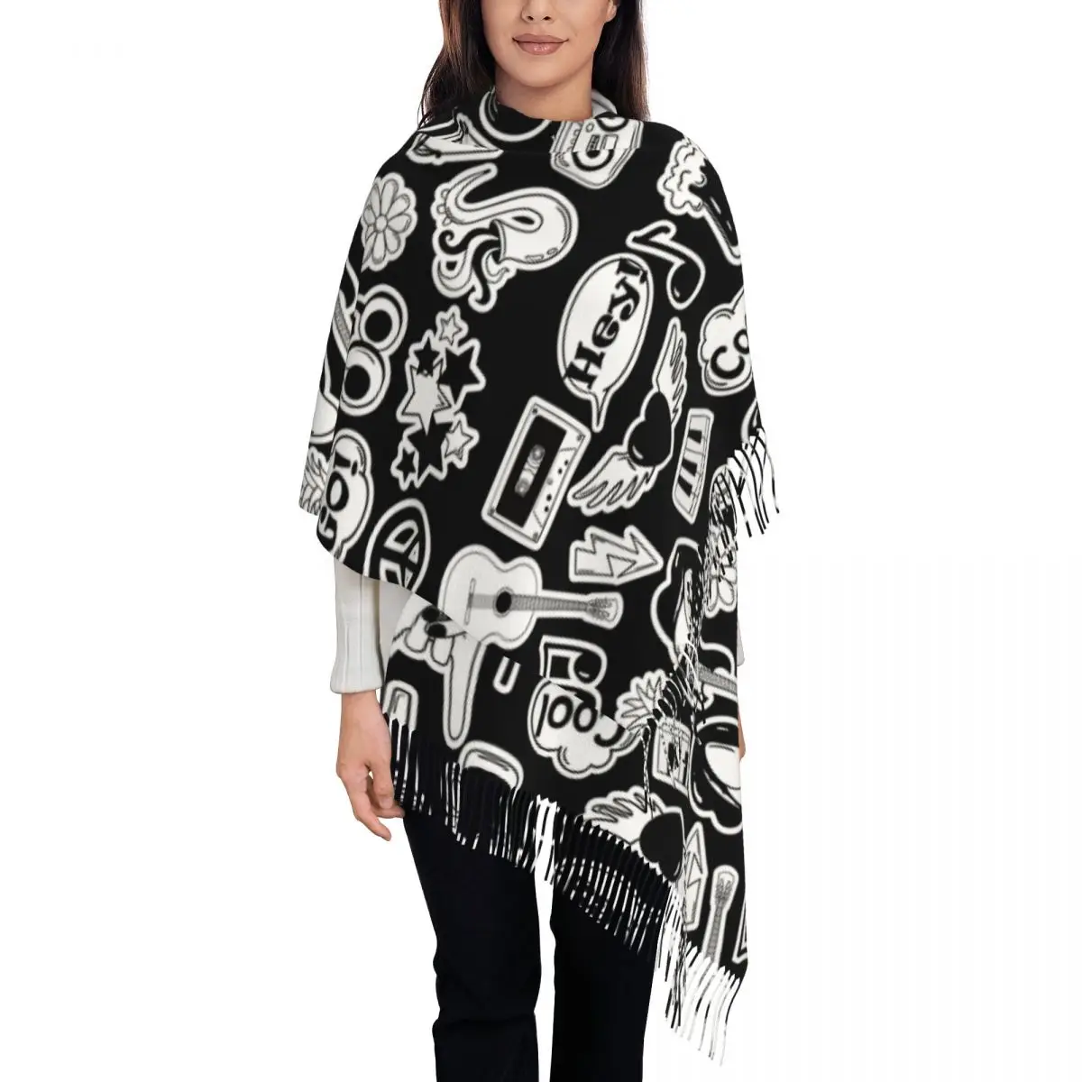 

Женская шаль из пашмины с музыкальными наклейками, шарф с бахромой, длинный большой шарф