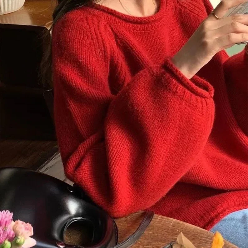 Мягкий эластичный красный свитер с круглым вырезом свободный пуловер топ для