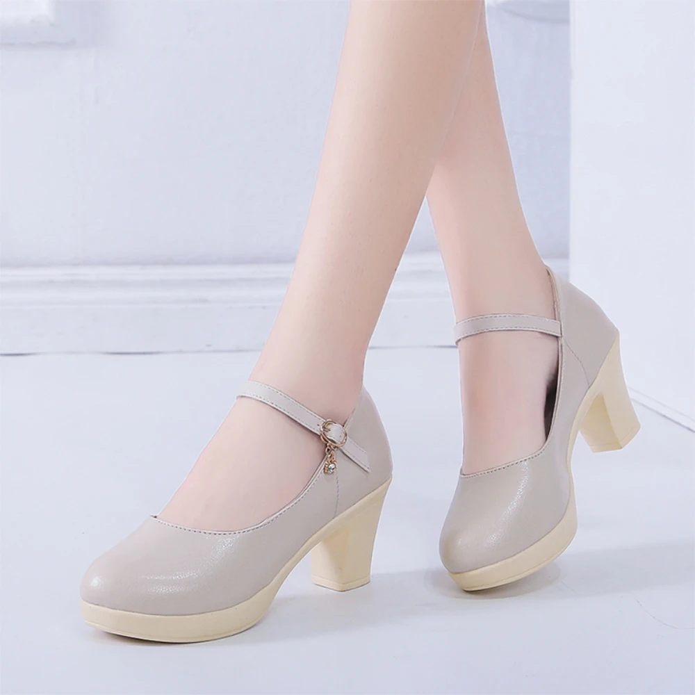 

Women's shoes high-heeled leather shoes single shoes black thick heel medium heel shallow mouth spring style everything