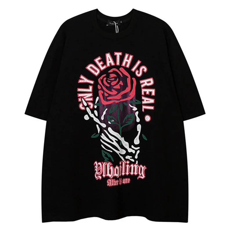 

2022 Hip Hop Oversized T Shirt Letter Rose Skull Hand Printed Gothic Punk Short Sleeve Tops Harajuku Fashion Streetwear T-shrits