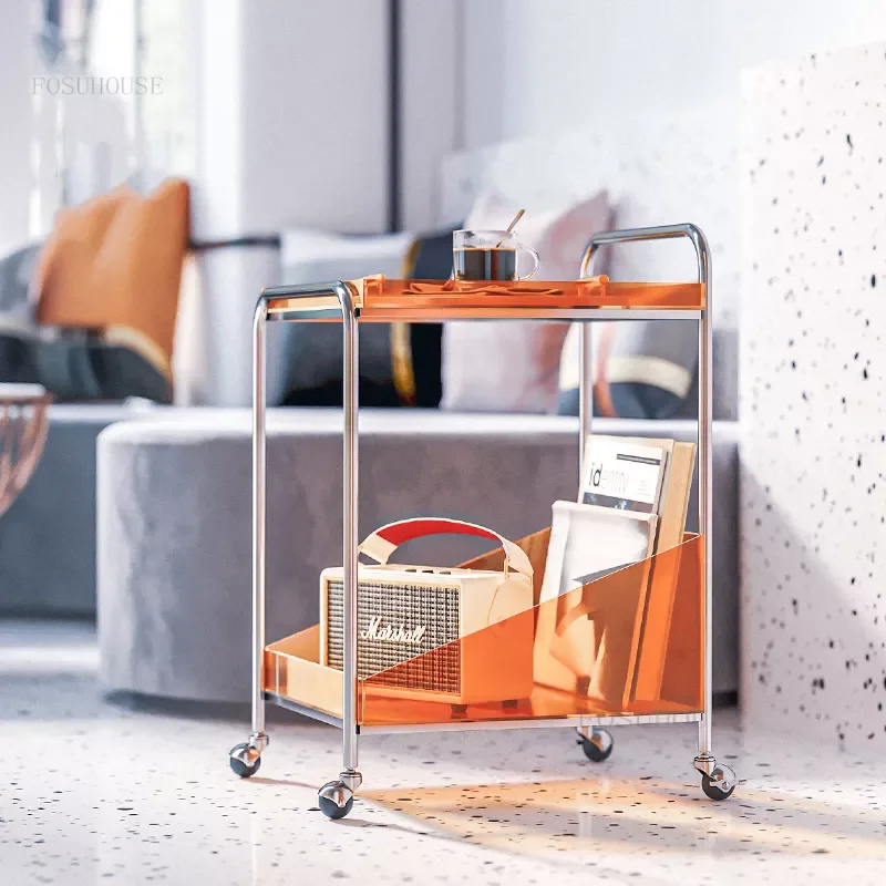 

Nordic Restaurant Double-layer Trolley Living Room Storage Rack Household Kitchen Cart Creative Apartment Side Table with Wheels