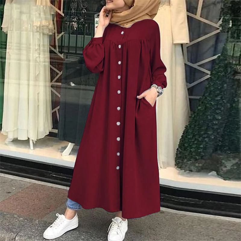 

Muslim Dress 2021 Woman hijab Shirt Dress Long Sleeve Maxi Vestidos Female Button Robe femme musulman High Wasit Solid Sundress