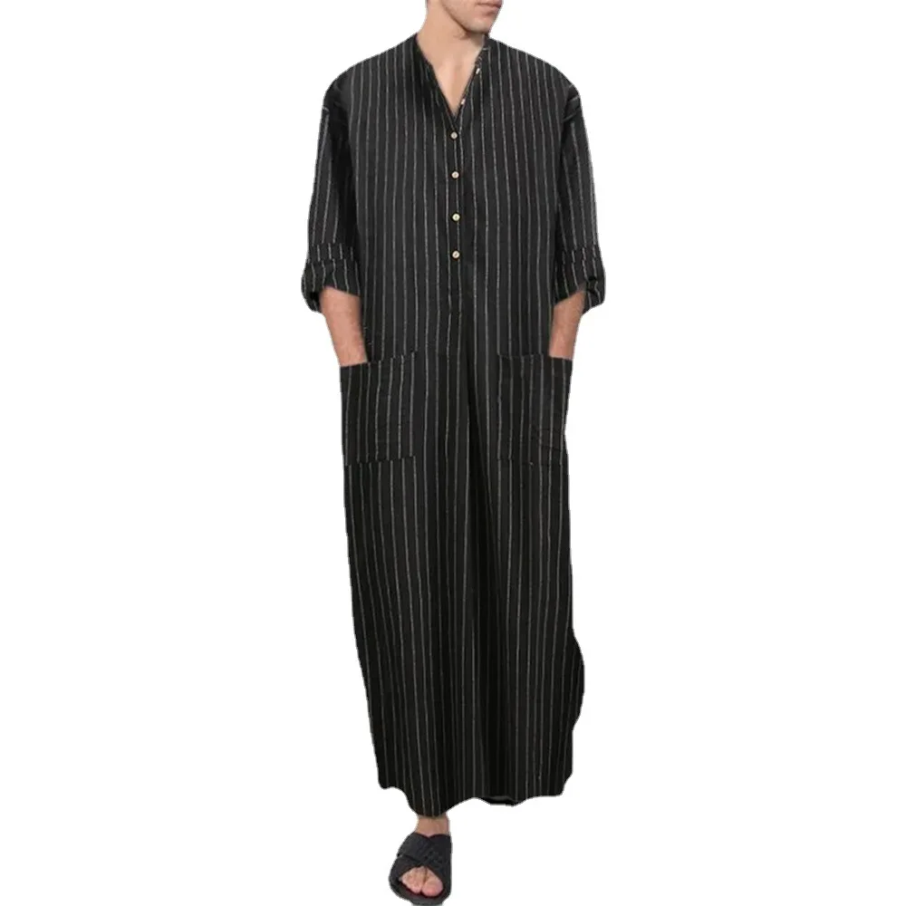 Islamic Middle East Arabic Stripes Casual Loose Muslim Robe for Men Abaya Turkish Clothes Men Clothing 2022 Fashion