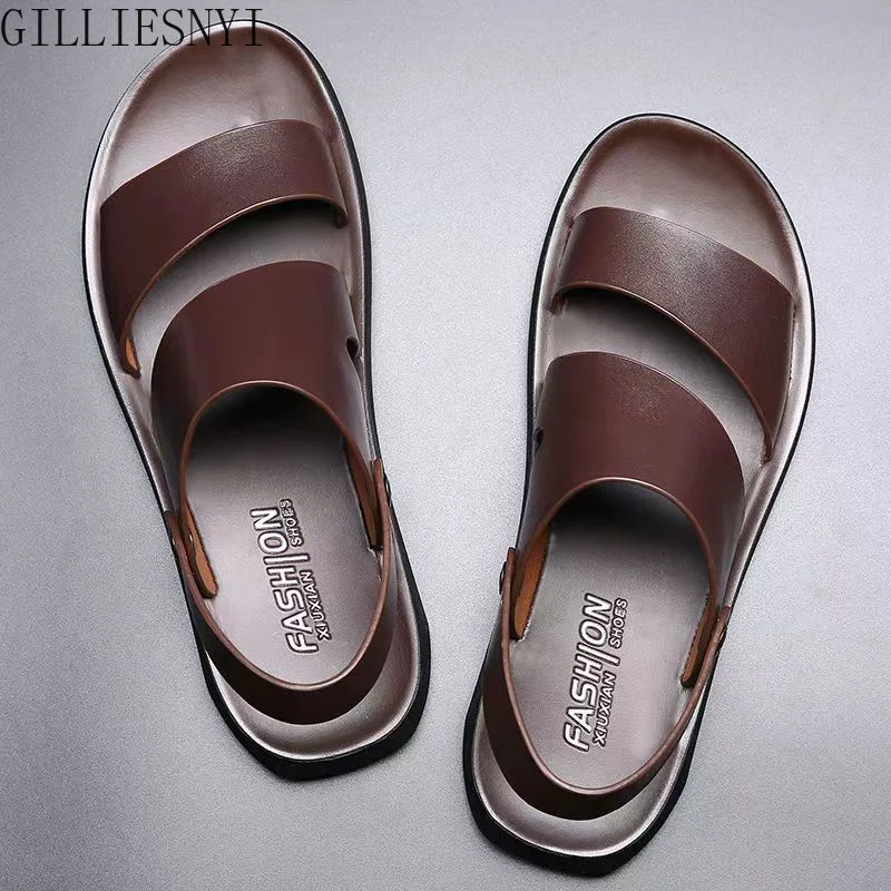 

Summer New Fashion Men's Shoes Slippers Retro Leather Non-slip Beach Slip-on Sandals Travel Flip-flops Slippers Black Brown 2022