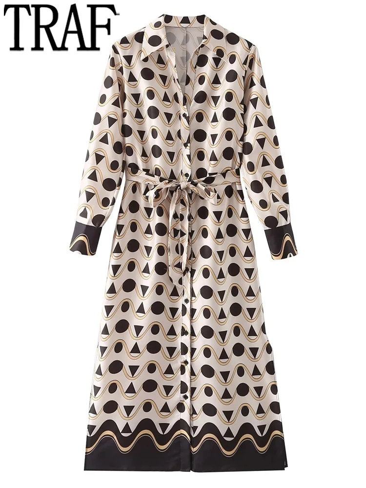 

TRAF 2022 Printed Shirt Dress Woman Belt Long Dresses For Women Autumn Chic And Elegant Dresses Long Sleeve Midi Vintage Dress