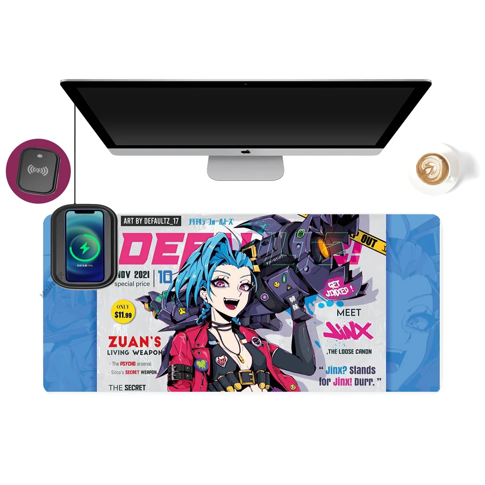 

Игровой большой коврик для мыши LOL Jinx с беспроводной зарядкой, Настольный коврик для ноутбука стандарта USB Type-C