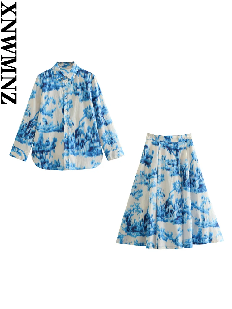

XNWMNZ 2023, женская модная рубашка из поплина с принтом и длинным рукавом или юбка миди с высокой талией и расклешенным подолом, уличный Женский комплект из двух предметов